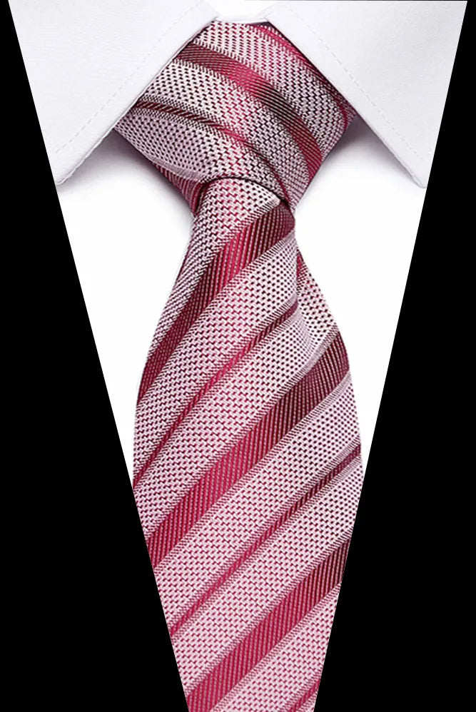 A close-up of a men's silk jacquard tie featuring a red and white diagonal stripe pattern.