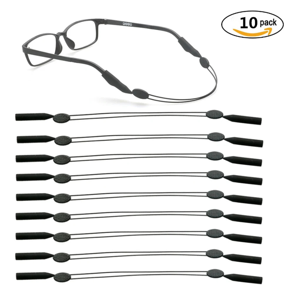 A set of black anti-slip eyeglass retainer straps and holders for sunglasses, packaged in a 10-pack.