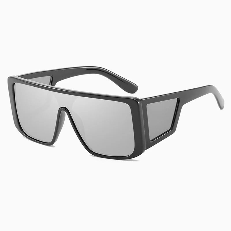 A pair of oversized gradient square sunglasses with black frames and gray lenses.