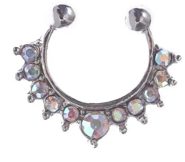Silver faux septum nose ring hoop with clear zircon accent and ball charm.
