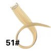 A bundle of straight, light blonde synthetic hair extensions is shown with a clip-in attachment.