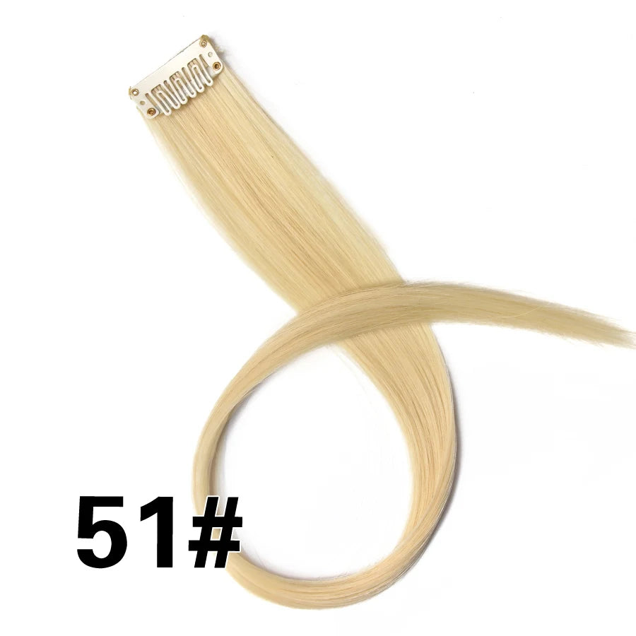 A bundle of straight, light blonde synthetic hair extensions is shown with a clip-in attachment.