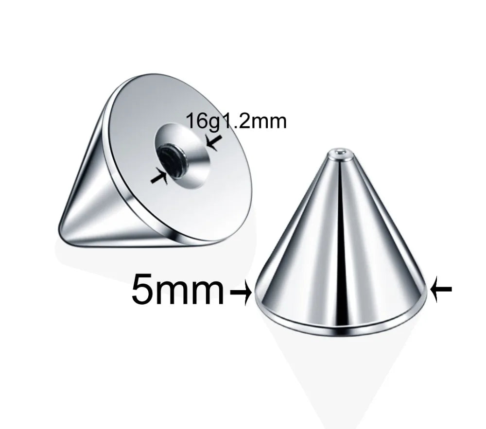 Gros plan d'un piercing et d'un anneau labret en acier inoxydable, dimensions 16g et 5mm.