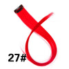 A bright red, straight synthetic hair extension is shown in a crossed shape against a white background.