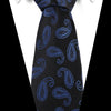 Black silk jacquard tie with blue paisley pattern worn under a white dress shirt.