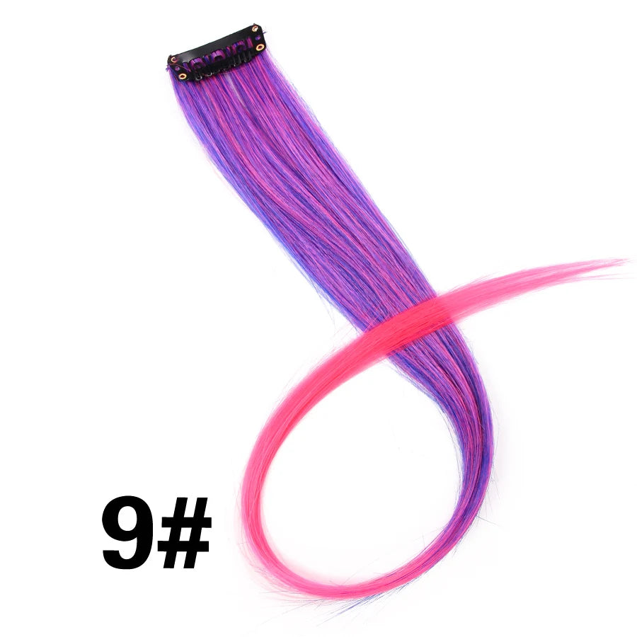 A bundle of 9# purple and pink synthetic hair extensions with a clip-in attachment.