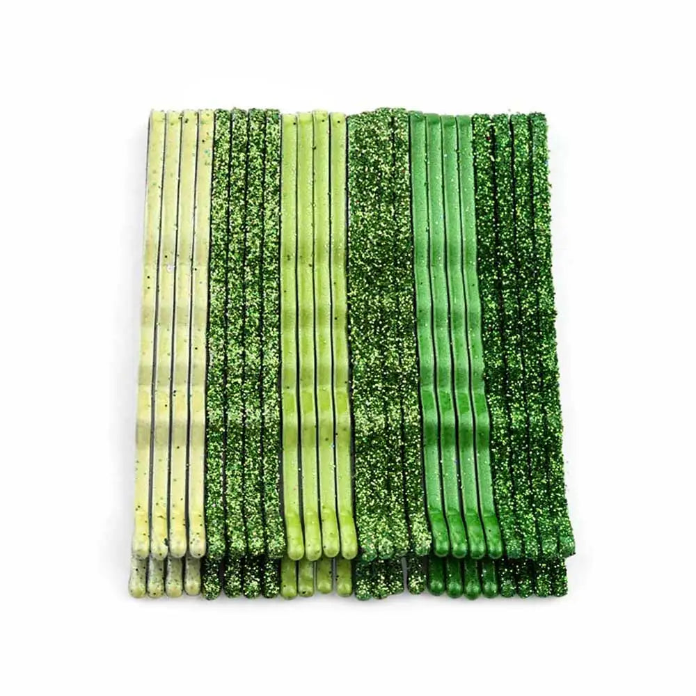 A set of 24 glitter wavy hair clips and bobby pins in various shades of green.