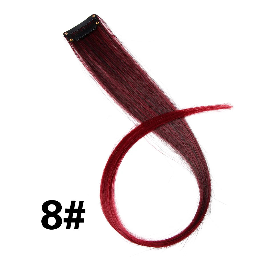 A bundle of deep red synthetic hair extensions with a clip-in attachment.