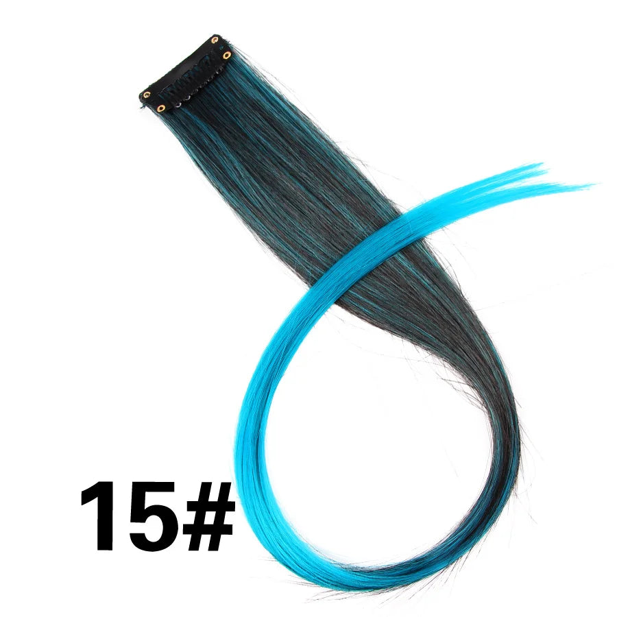 A bundle of dark blue and bright cyan synthetic hair extensions shown with a clip-in attachment.