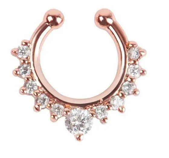 A rose gold faux septum nose ring hoop with a cluster of clear zirconia stones.