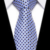 A close-up of a blue and white checkered silk jacquard tie worn under a white dress shirt.