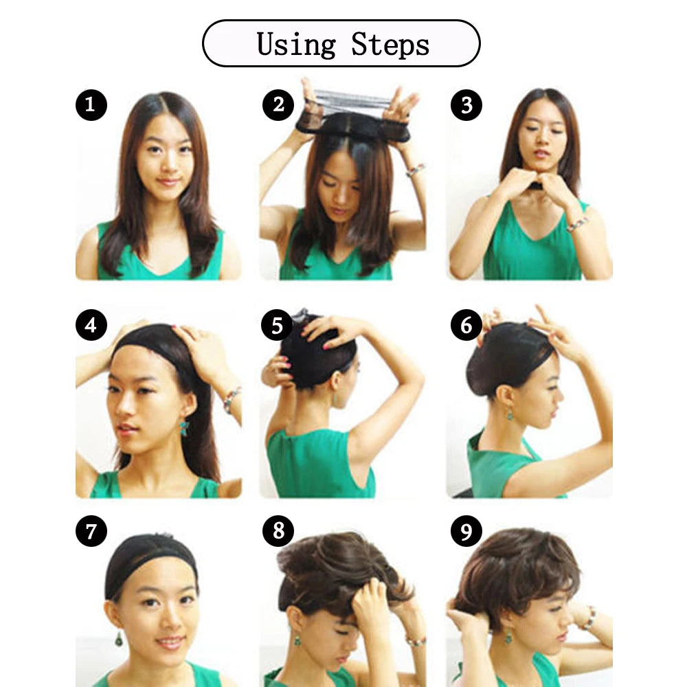 Nine steps demonstrating how to use a stretchable mesh hair net for styling and accessories.