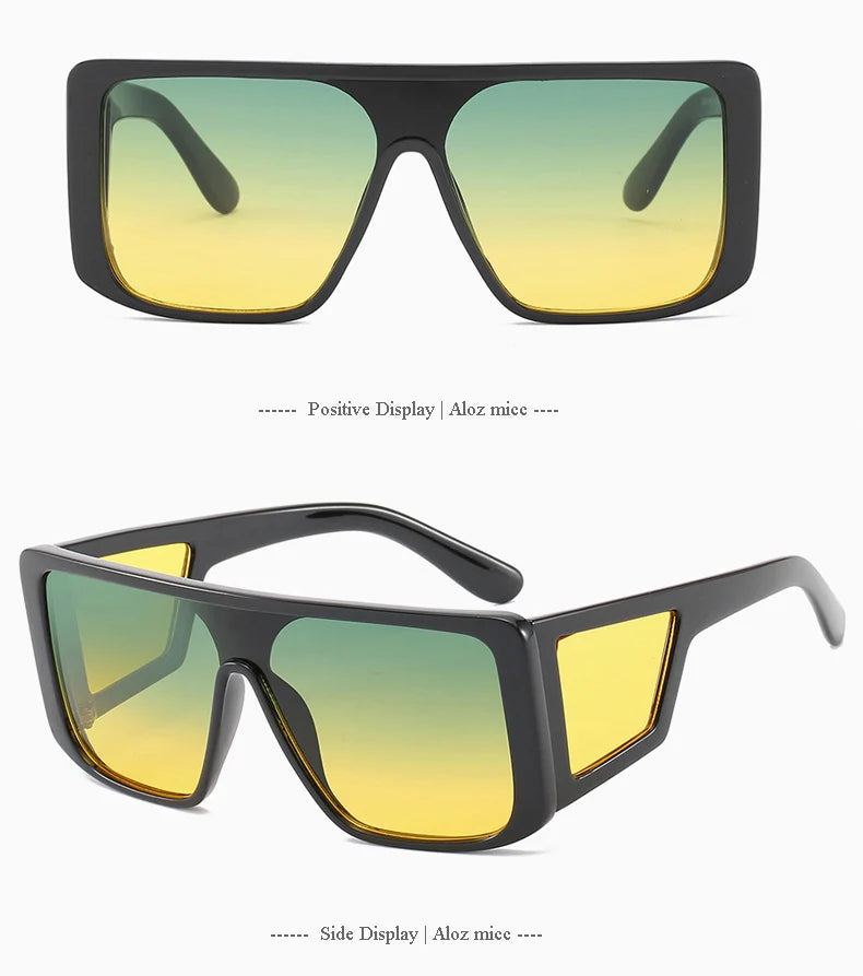 A pair of black oversized gradient square sunglasses shown with a positive display and side display option.