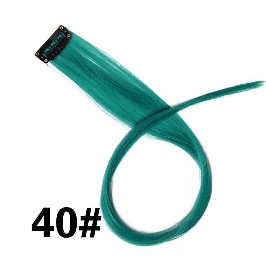 A bundle of teal green synthetic hair extensions labeled 40# with a clip-in attachment.