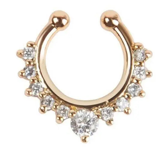 Gold-toned faux septum nose ring hoop with a cluster of clear zirconia stones.