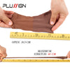 A hand holds a brown stretchable nylon wig cap, demonstrating its size with a ruler.