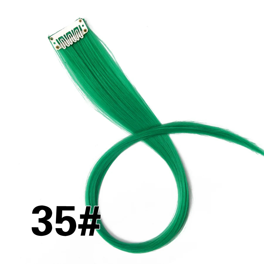 A bundle of bright green synthetic hair extensions with a clip-in attachment.