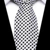 A close-up of a men's silk jacquard tie with a black and white checkered pattern worn under a white shirt.