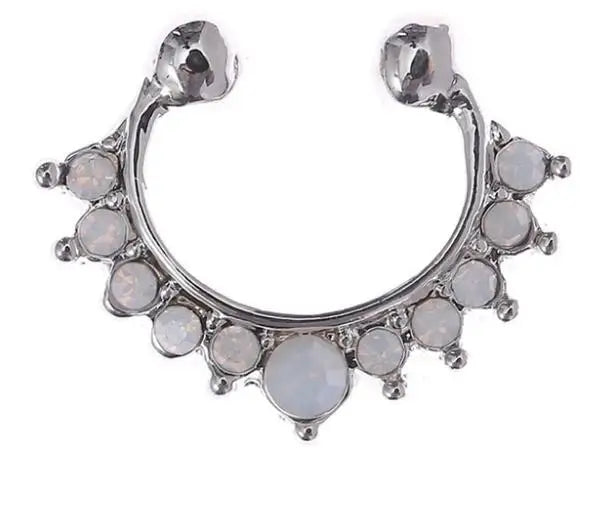 Silver faux septum nose ring hoop with small clear stones and accent detail
