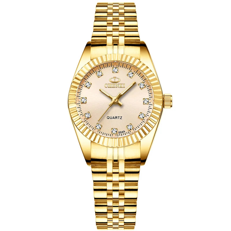 A gold-toned quartz wristwatch with a gold link bracelet and a light pink dial and bezel.