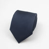 A dark navy blue necktie with a subtle stripe pattern folded neatly.