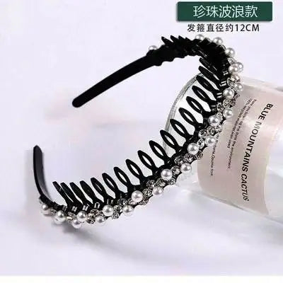 Black rhinestone pearl anti-slip hairband for women