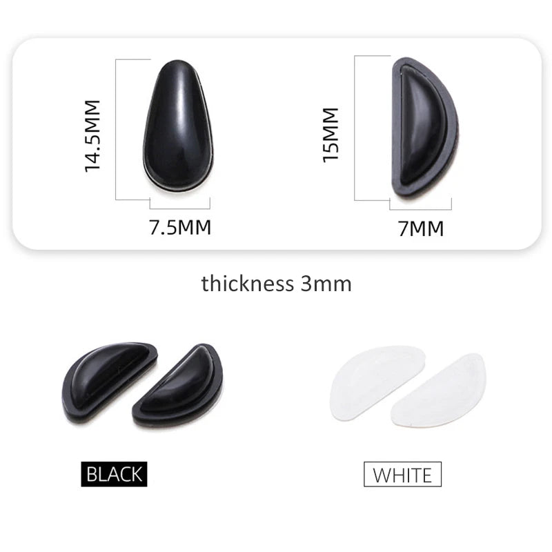 Black and white silicone nose pads for eyeglasses shown with thickness measurements.