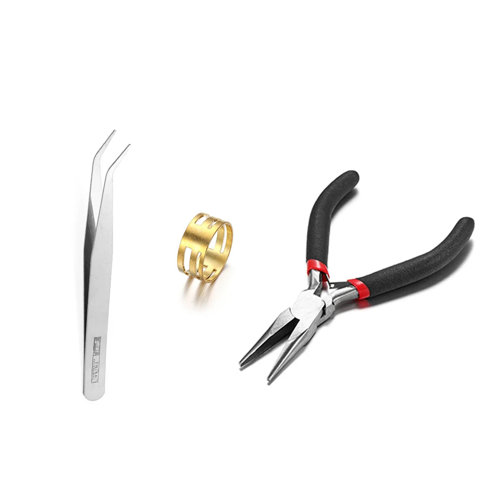 A set of jewelry findings including a silver-colored pin, gold jump rings, and black pliers.