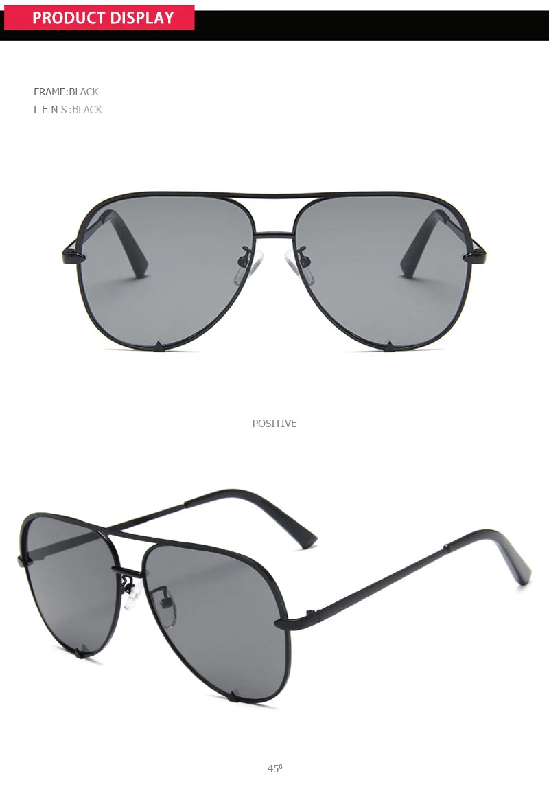 A pair of black gradient aviator sunglasses shown in a straight-on view and a 45-degree angle.