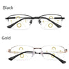 A pair of black and gold progressive multifocus reading glasses shown in a flat lay view.