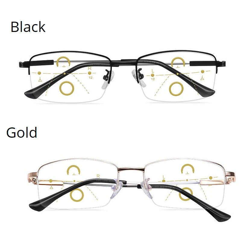 A pair of black and gold progressive multifocus reading glasses shown in a flat lay view.