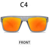 Three views of polarized sport sunglasses showing the side, front, and a full view.