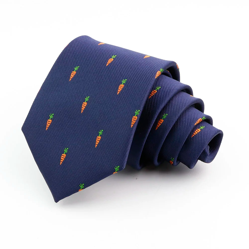 Corbata de seda jacquard azul marino para hombre con patrón naranja de hojas estilizadas.