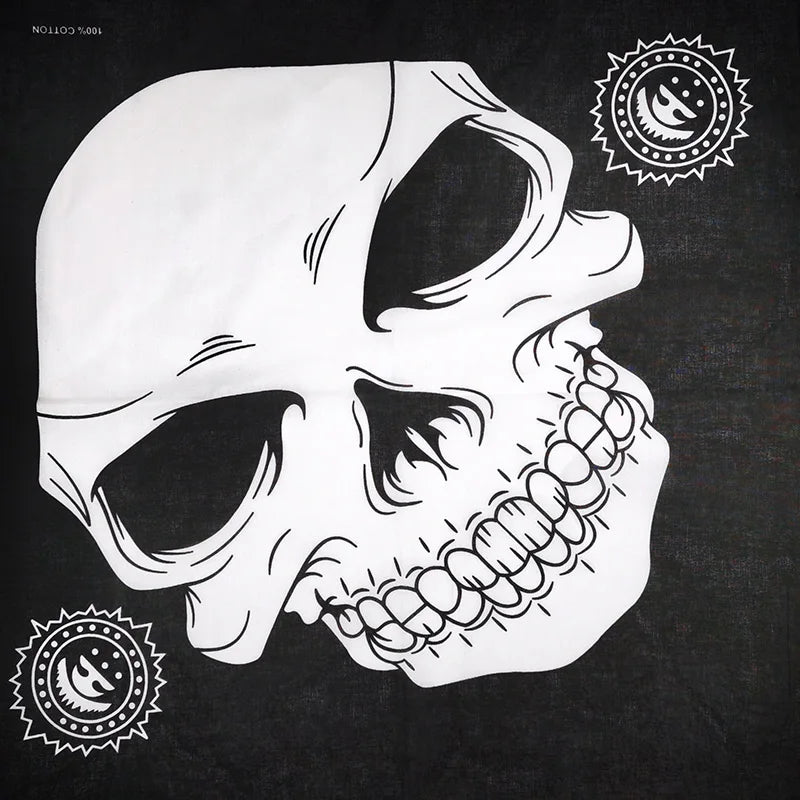 Tela negra con un dibujo de línea blanca de un cráneo con emblemas circulares.