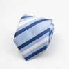 A folded blue and white striped necktie with a dotted pattern.