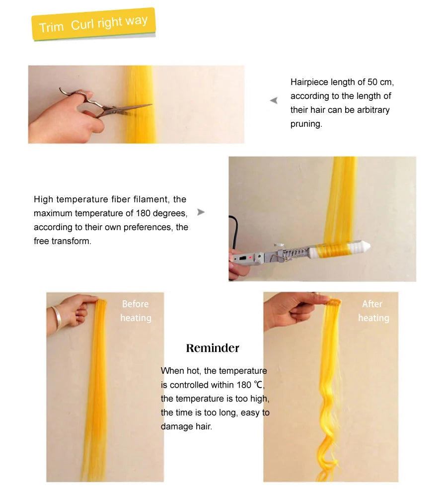 Demonstration of trimming and heating techniques for synthetic hair extensions.
