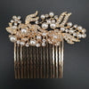 Gold-toned bridal hair comb featuring white pearls and clear rhinestones with gold strands