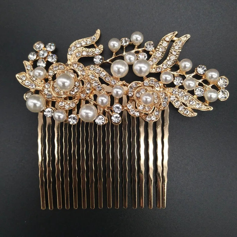 Gold-toned bridal hair comb featuring white pearls and clear rhinestones with gold strands