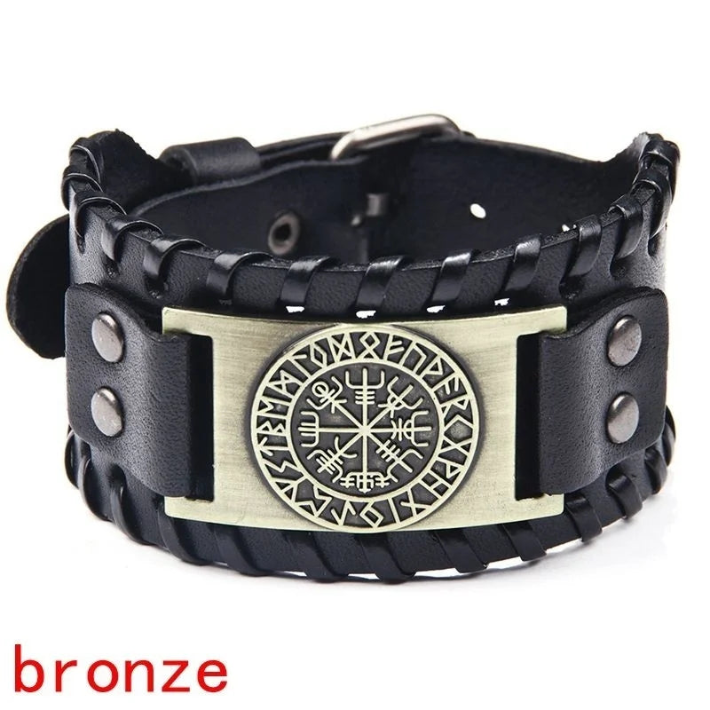 A black leather bracelet featuring a bronze compass design and a silver-toned clasp.