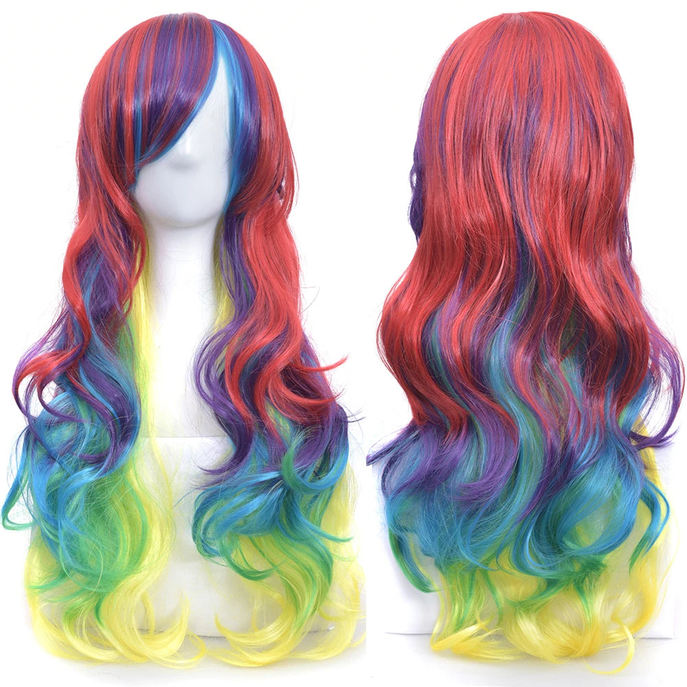 A display of rainbow ombre synthetic hair wig showing various vibrant colors like blue, green, yellow, and red.