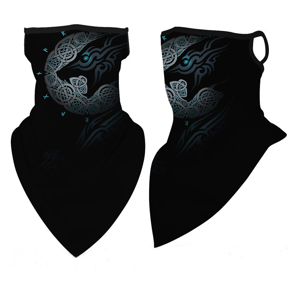 Un pasamontañas y balaclava negros multifunción con un diseño oscuro y acentos azules brillantes.