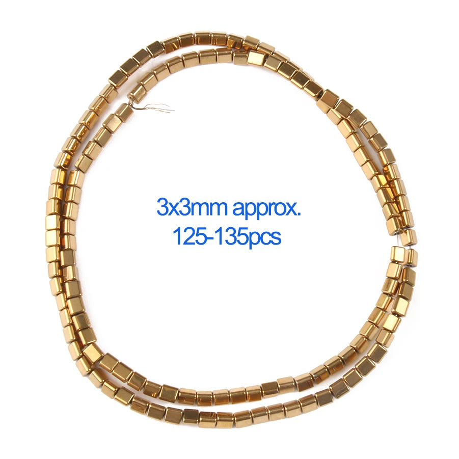 A string of gold-plated hematite round cube beads for DIY jewelry.