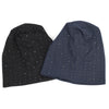 A navy blue beanie hat dotted with small gold rhinestones.
