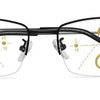 A pair of black progressive multifocus reading glasses with yellow and gold markings on the lenses.