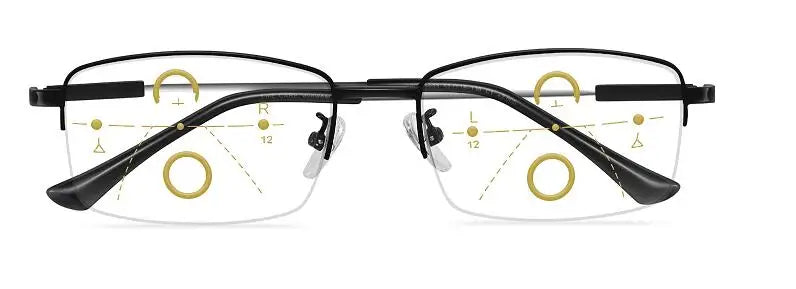 A pair of black progressive multifocus reading glasses with yellow and gold markings on the lenses.