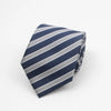 A navy blue necktie with diagonal white stripes and small white dots.