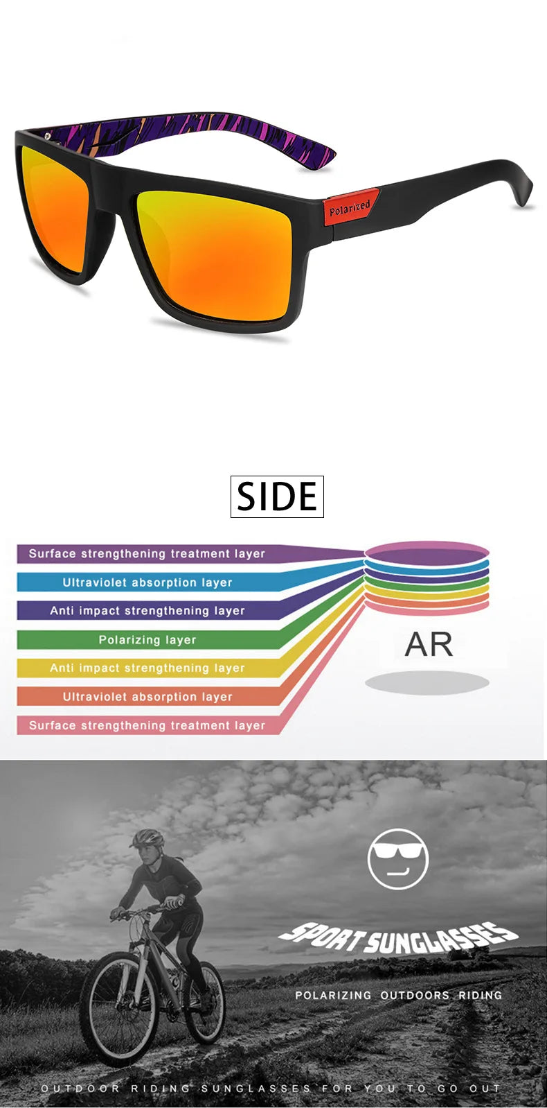 A pair of orange-tinted polarized sport sunglasses with a purple accent, shown alongside technical features.