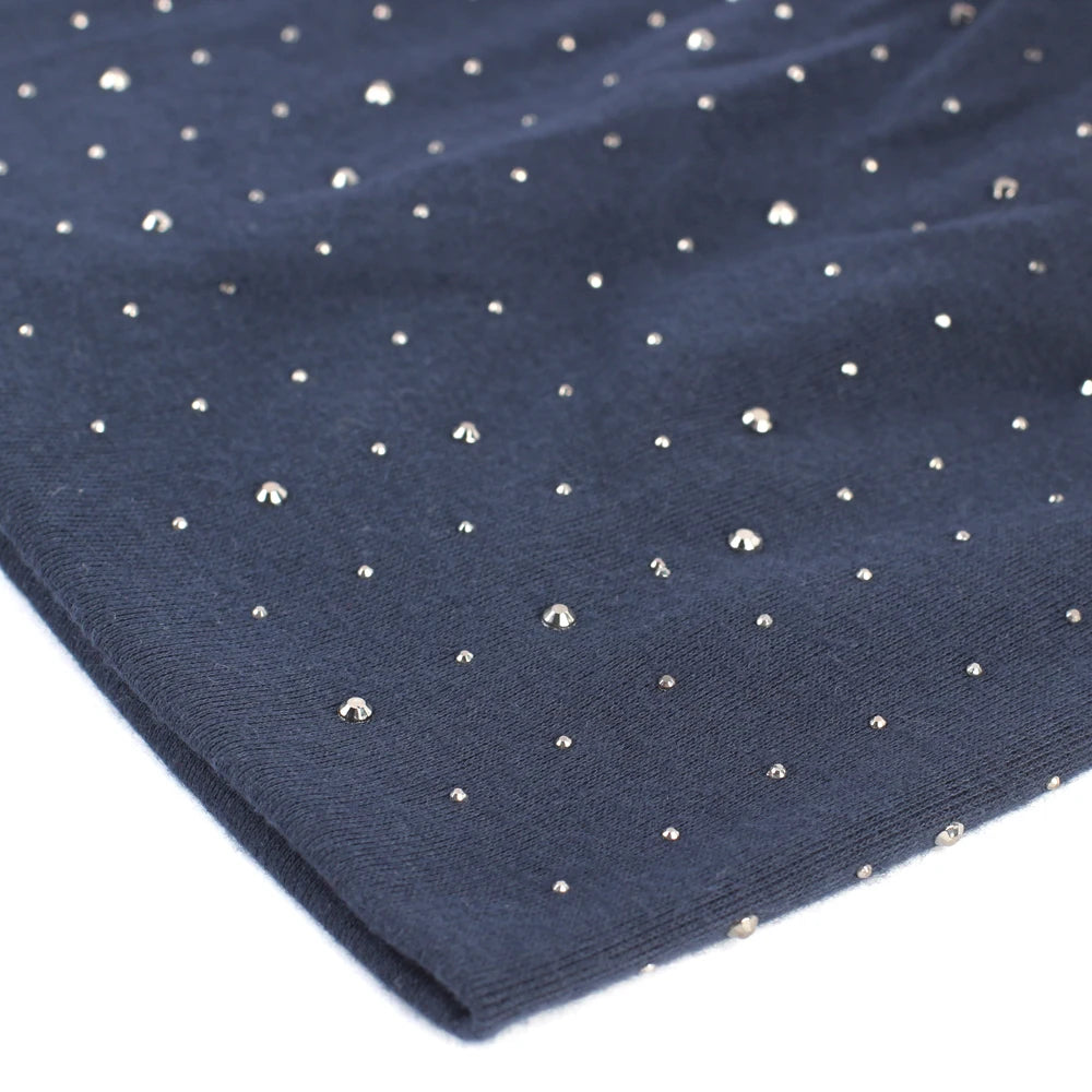 Dark navy beanie hat decorated with small gold rhinestones