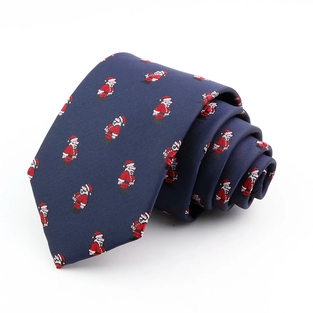 Corbata de seda jacquard azul marino para hombre con patrón repetitivo de figuras navideñas rojas y blancas