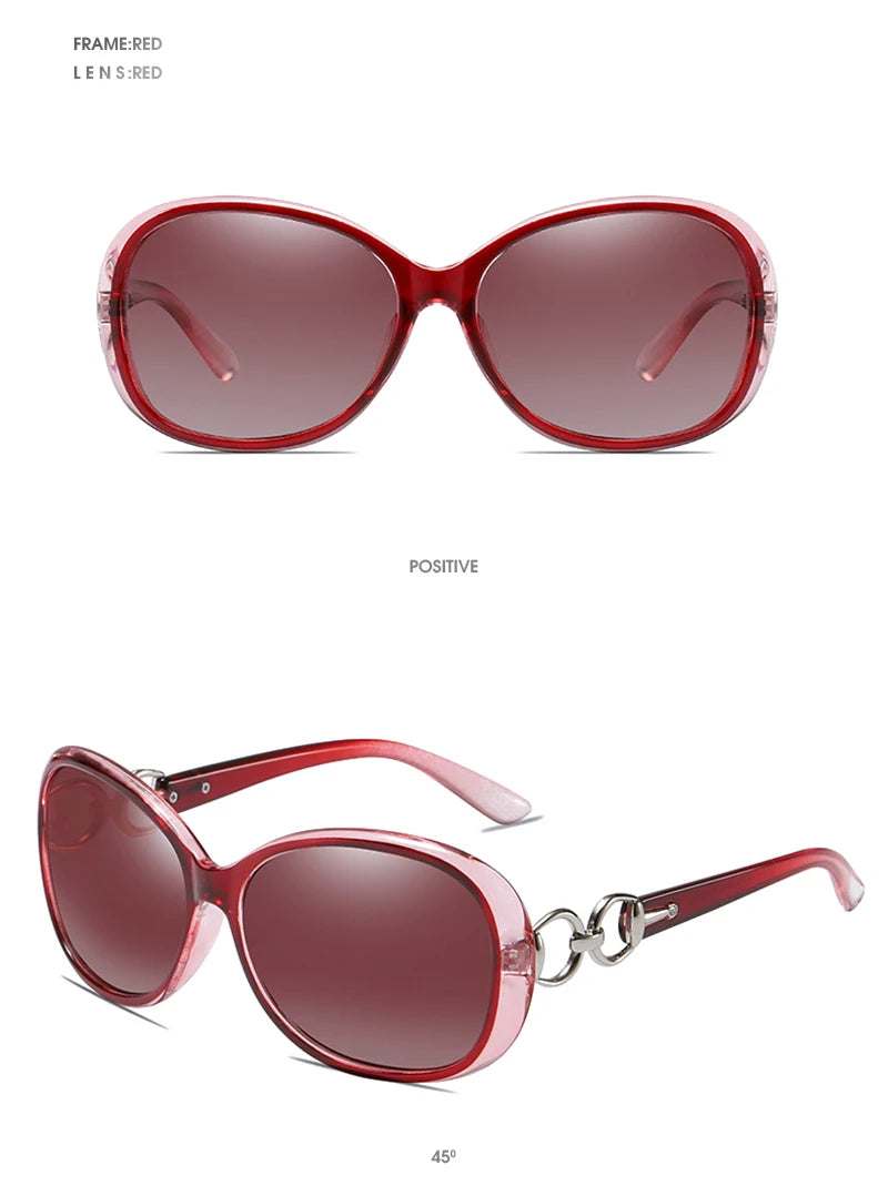 Eine Paar Sonnenbrille mit rotem Rahmen und getönten Linsen in Profilansicht.